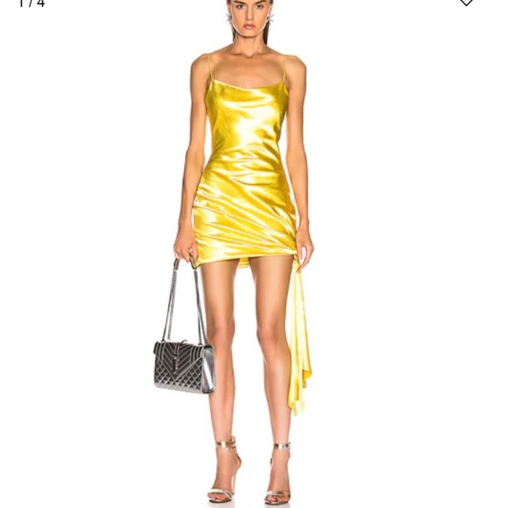 Cinq a Sept Yellow Asymmetrical Ruched Bodycon Mini Dress